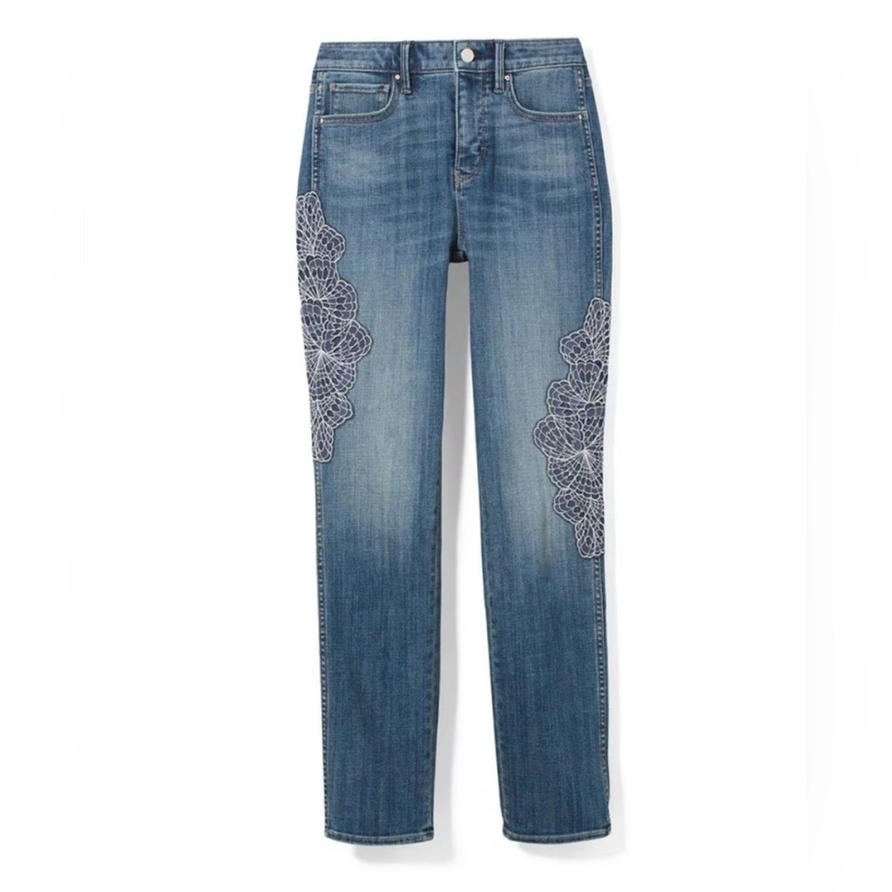 WHBM HighRise Everyday Soft Denim Embroidered Straight Ankle Jeans